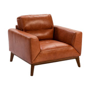 Kortárs stílusú, dohánybarna bőrrel kárpitozott, dizájn fotel diófa lábakkal.