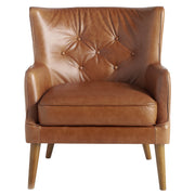 Kortárs stílusú, whiskey-barna bőrrel kárpitozott, dizájn fotel, kőrisfa lábakkal