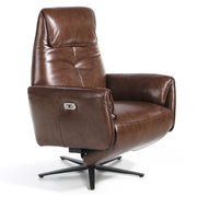 Kortárs stílusú, dohánybarna színű bőrrel kárpitozott, dizájn, forgó pihenőfotel.