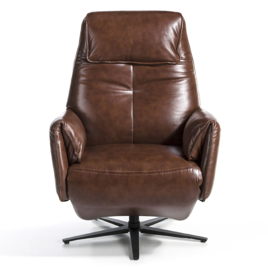 Kortárs stílusú, dohánybarna színű bőrrel kárpitozott, dizájn, forgó pihenőfotel.