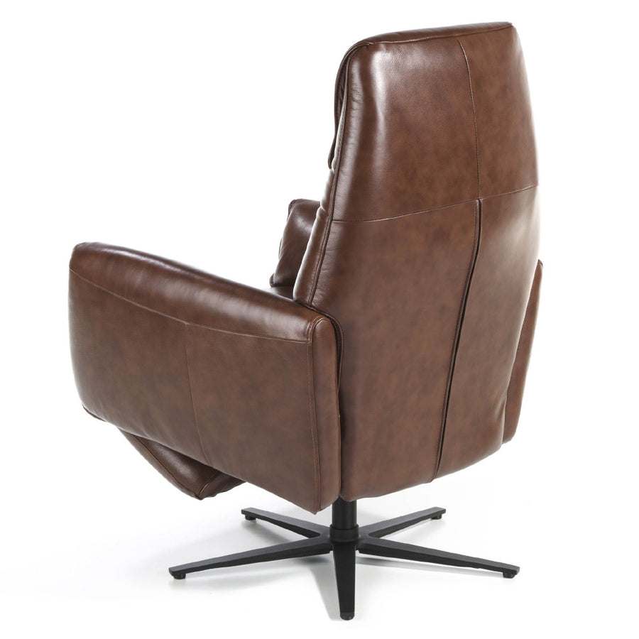 Kortárs stílusú, dohánybarna színű bőrrel kárpitozott, dizájn, forgó pihenőfotel.