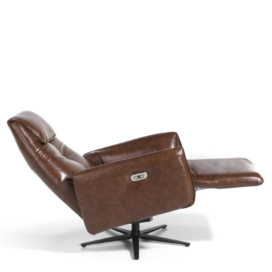 Kortárs stílusú, dohánybarna színű bőrrel kárpitozott, dizájn, forgó pihenőfotel.