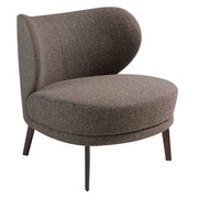 Kortárs stílusú, barna színű szövettel kárpitozott, acélszerkezetű dizájn fotel.