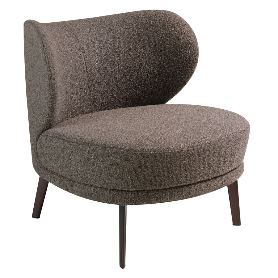 Kortárs stílusú, barna színű szövettel kárpitozott, acélszerkezetű dizájn fotel.