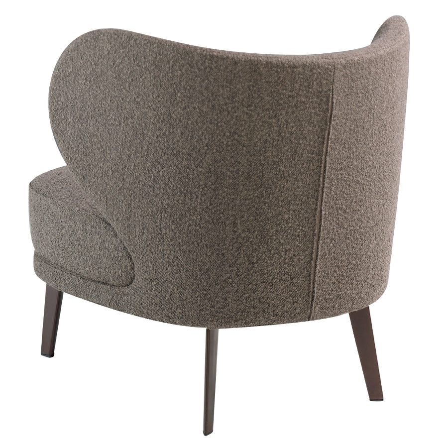 Kortárs stílusú, barna színű szövettel kárpitozott, acélszerkezetű dizájn fotel.