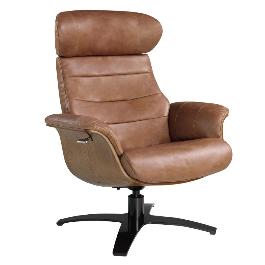 Kortárs stílusú, karamellszínű bőrrel kárpitozott, diófa furnérral borított, dizájn pihenőfotel