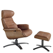 Kortárs stílusú, karamellszínű bőrrel kárpitozott, diófa furnérral borított, dizájn pihenőfotel