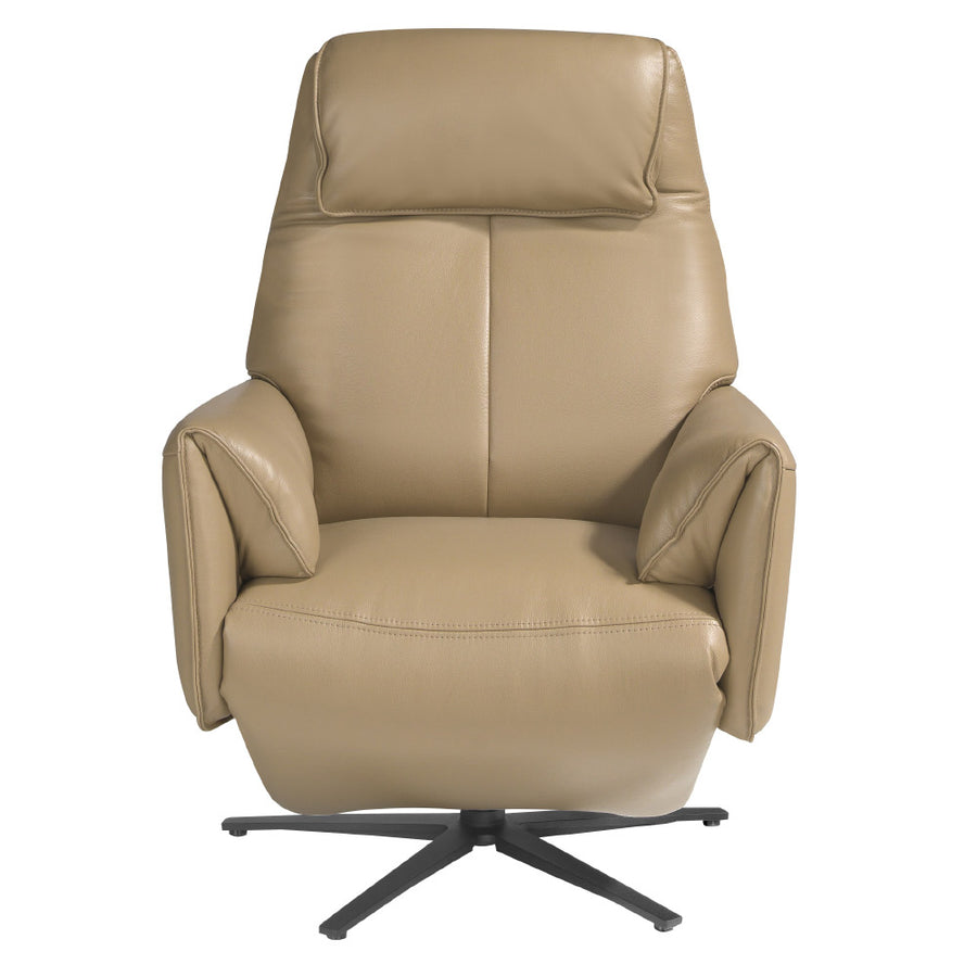 Kortárs stílusú, homokszínű bőrrel kárpitozott, dizájn, forgó pihenőfotel.