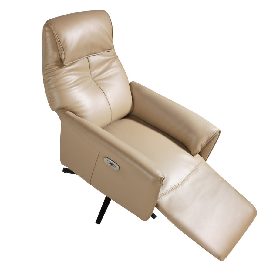 Kortárs stílusú, homokszínű bőrrel kárpitozott, dizájn, forgó pihenőfotel.