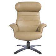 Kortárs stílusú, homokszínű bőrrel kárpitozott, diófa furnérral borított, dizájn pihenőfotel