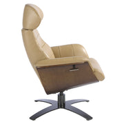 Kortárs stílusú, homokszínű bőrrel kárpitozott, diófa furnérral borított, dizájn pihenőfotel