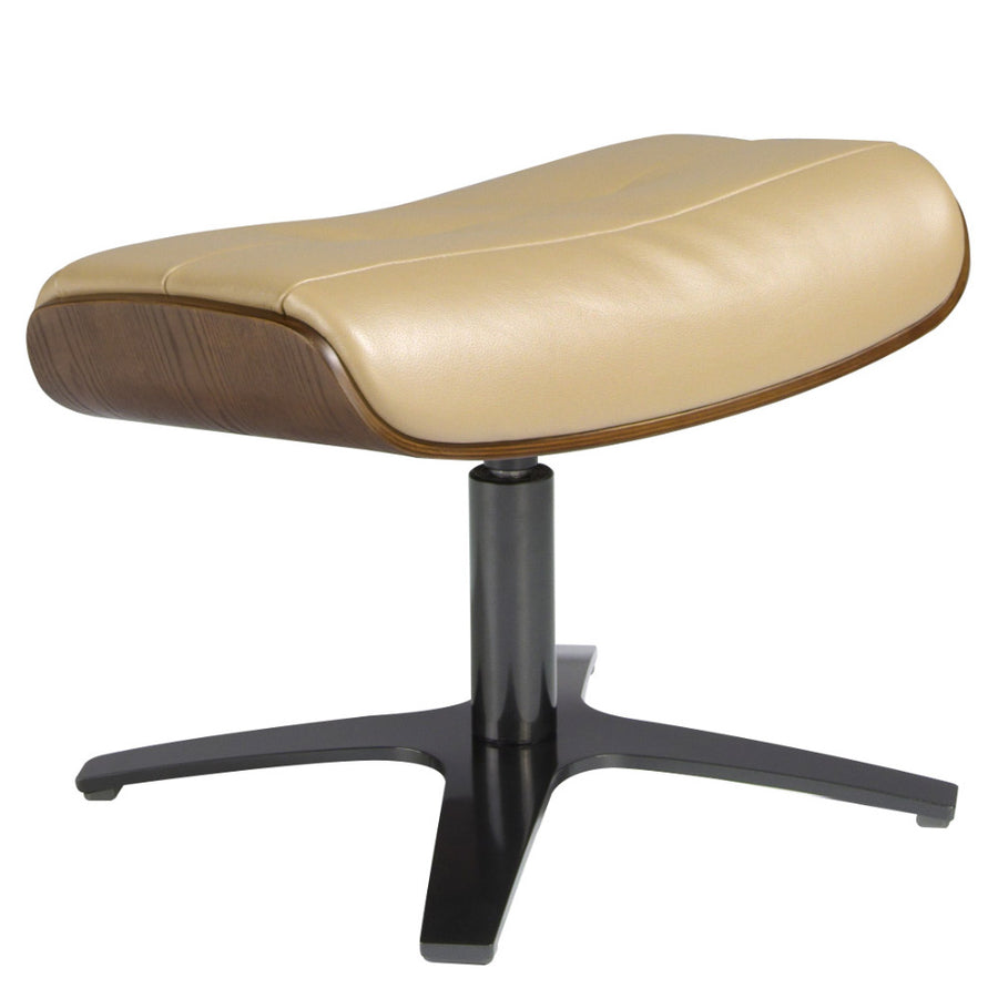 Kortárs, homokszínű bőrrel kárpitozott, diófa furnérral borított ottomán lábtartó