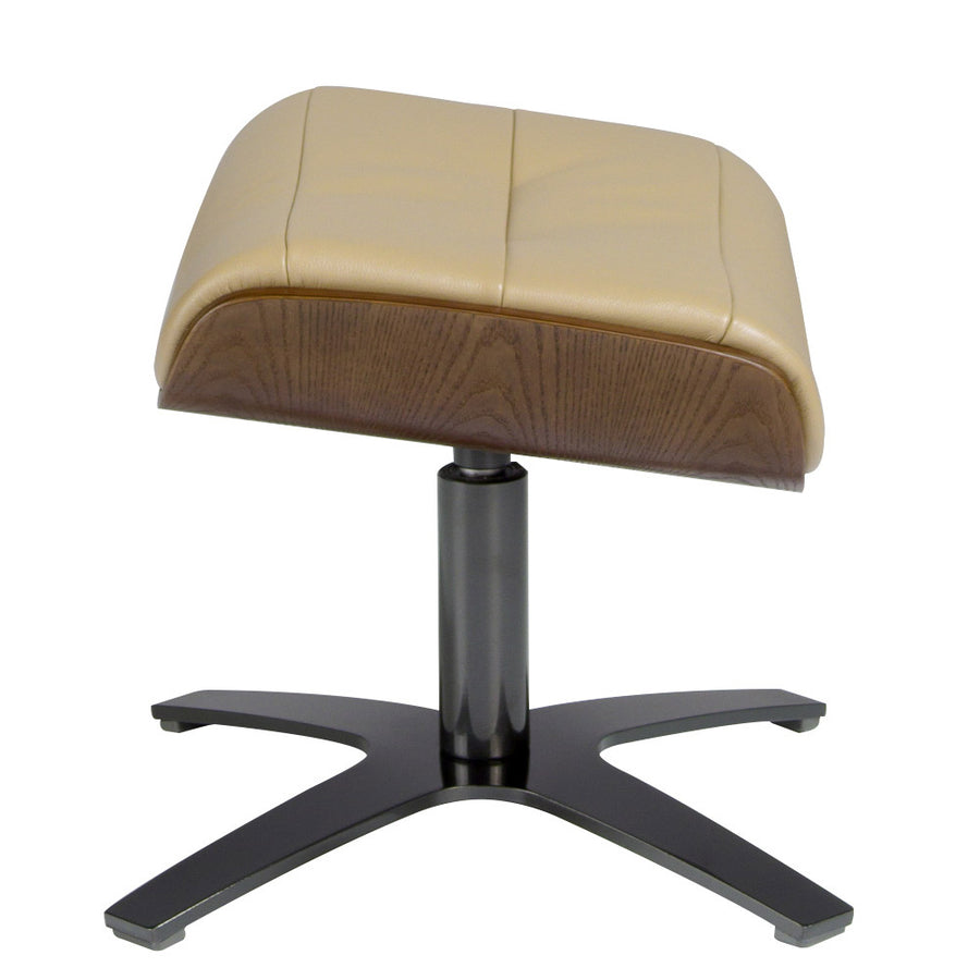 Kortárs, homokszínű bőrrel kárpitozott, diófa furnérral borított ottomán lábtartó