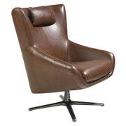 Kortárs stílusú, konyakbarna színű bőrrel kárpitozott, dizájn pihenőfotel acéllábakkal.
