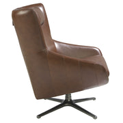 Kortárs stílusú, konyakbarna színű bőrrel kárpitozott, dizájn pihenőfotel acéllábakkal.