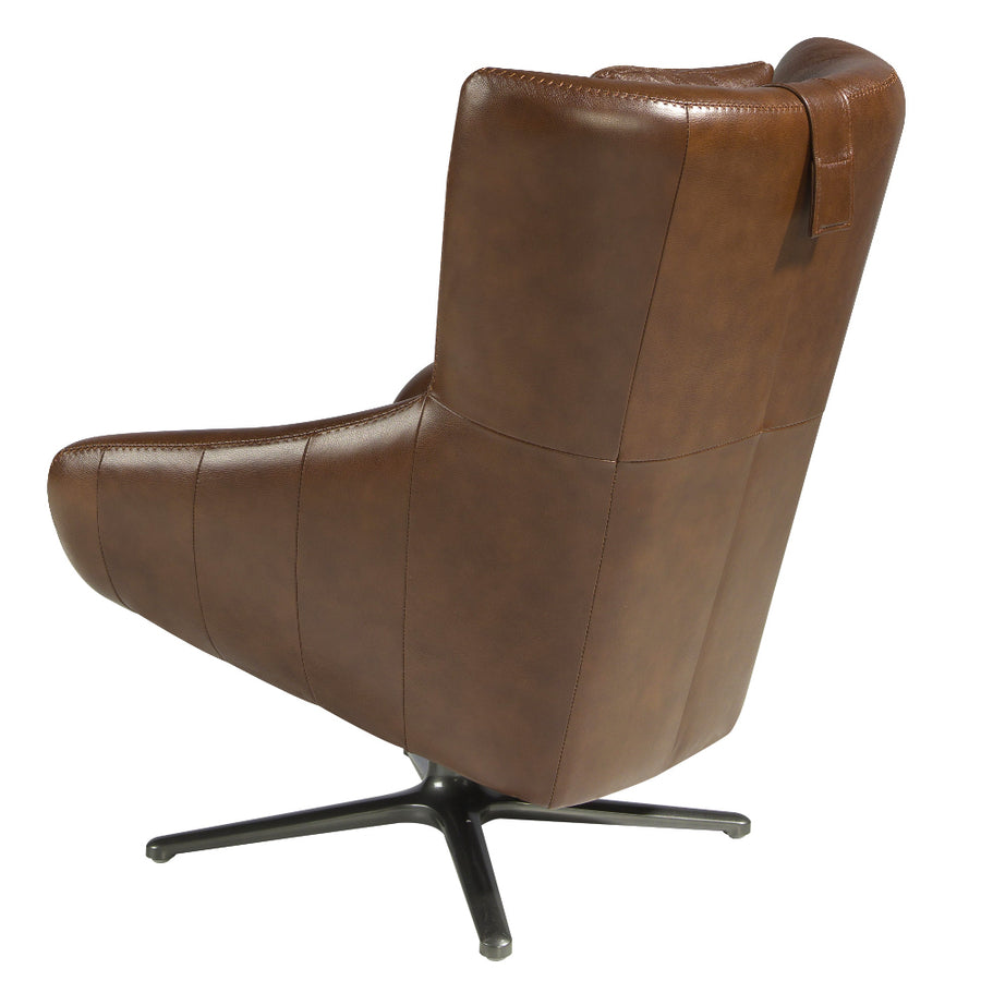 Kortárs stílusú, konyakbarna színű bőrrel kárpitozott, dizájn pihenőfotel acéllábakkal.