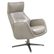 Kortárs stílusú, dönthető, forgatható, szürke színű bőrrel kárpitozott pihenőfotel.