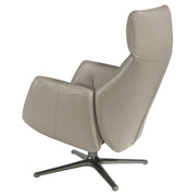 Kortárs stílusú, dönthető, forgatható, szürke színű bőrrel kárpitozott pihenőfotel.