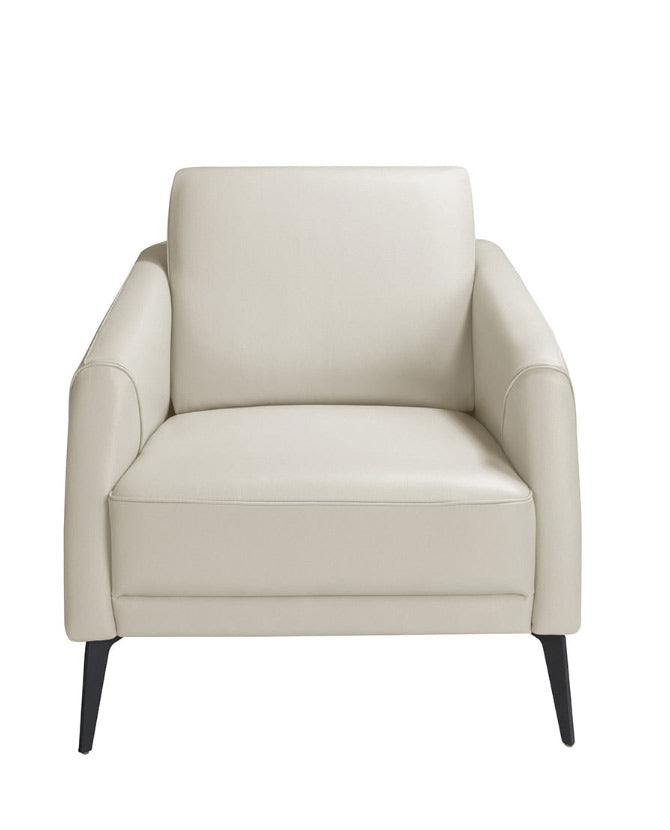 Kortárs stílusú, krémszínű bőrrel kárpitozott, acél szerkezetű dizájn fotel.