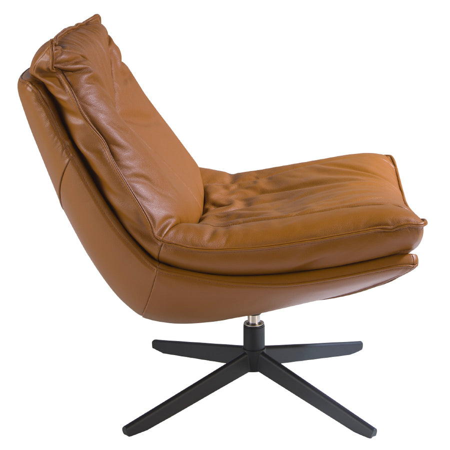 Kortárs stílusú,barna bőrrel kárpitozott, forgatható, dizájn pihenőfotel fekete színű acéllábakkal.