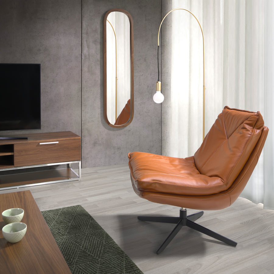 Kortárs stílusú,barna bőrrel kárpitozott, forgatható, dizájn pihenőfotel fekete színű acéllábakkal.