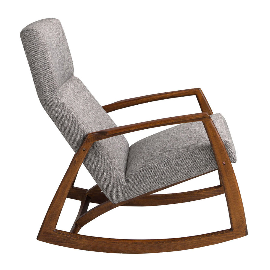 Kortárs stílusú, szürke színű szövettel kárpitozott hintaszék.