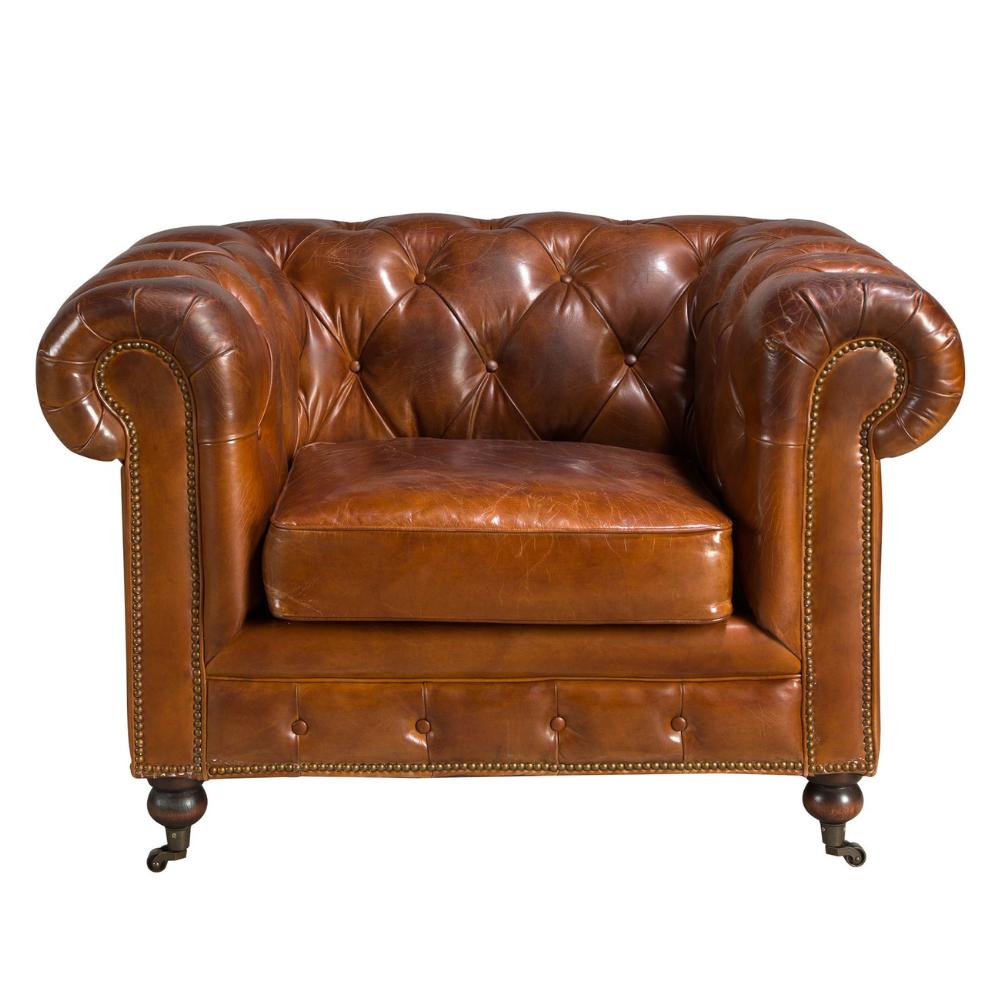 Konyakbarna Chesterfield fotel elölnézet mélygombos háttámlával