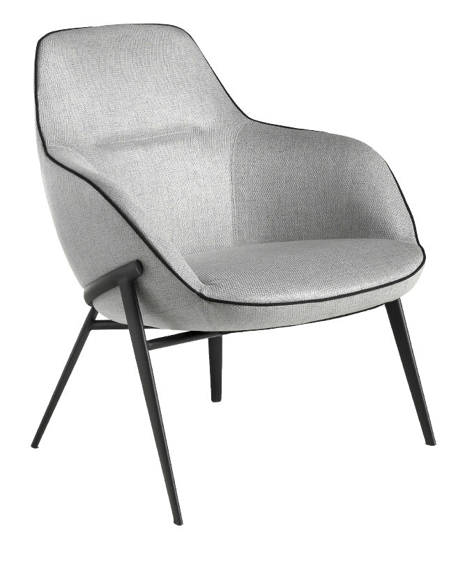 Kortárs stílusú, szürke színű szövettel kárpitozott, acélszerkezetű dizájn fotel.