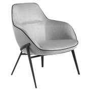 Kortárs stílusú, szürke színű szövettel kárpitozott, acélszerkezetű dizájn fotel.