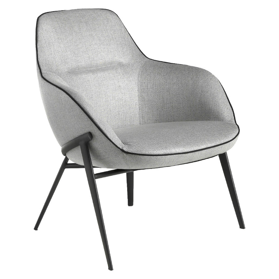 Kortárs stílusú, szürke színű szövettel kárpitozott, acélszerkezetű dizájn fotel.