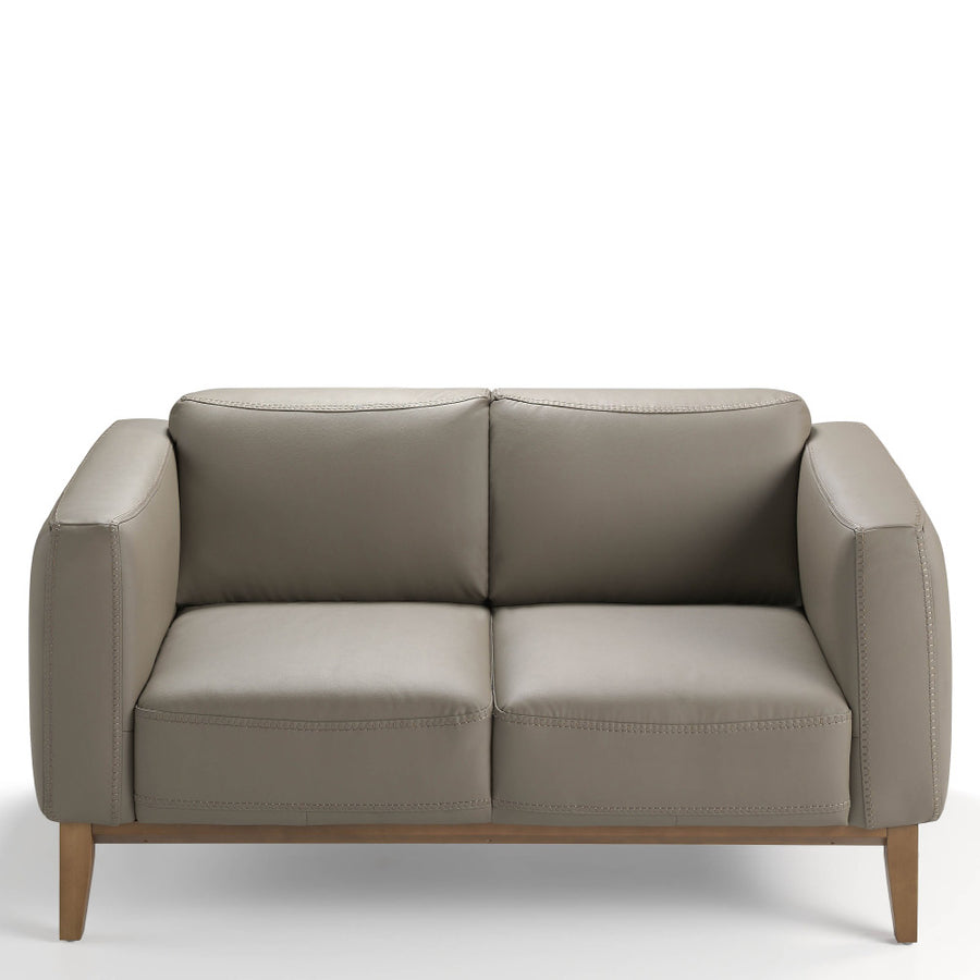 Kortárs, taupe színű bőrrel kárpitozott, diófa furnérral borított, dizájn kanapé.