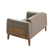 Taupe bőr design kanapé hátulnézet fa oldalpanelekkel