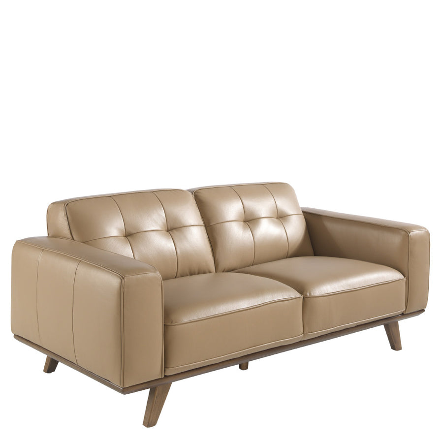 Kortárs, homokszínű bőrrel kárpitozott, fenyőfaszerkezetes, dizájn kanapé.