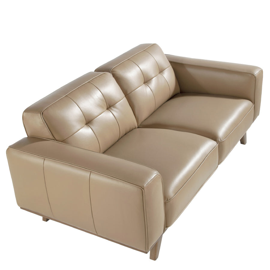 Kortárs, homokszínű bőrrel kárpitozott, fenyőfaszerkezetes, dizájn kanapé.