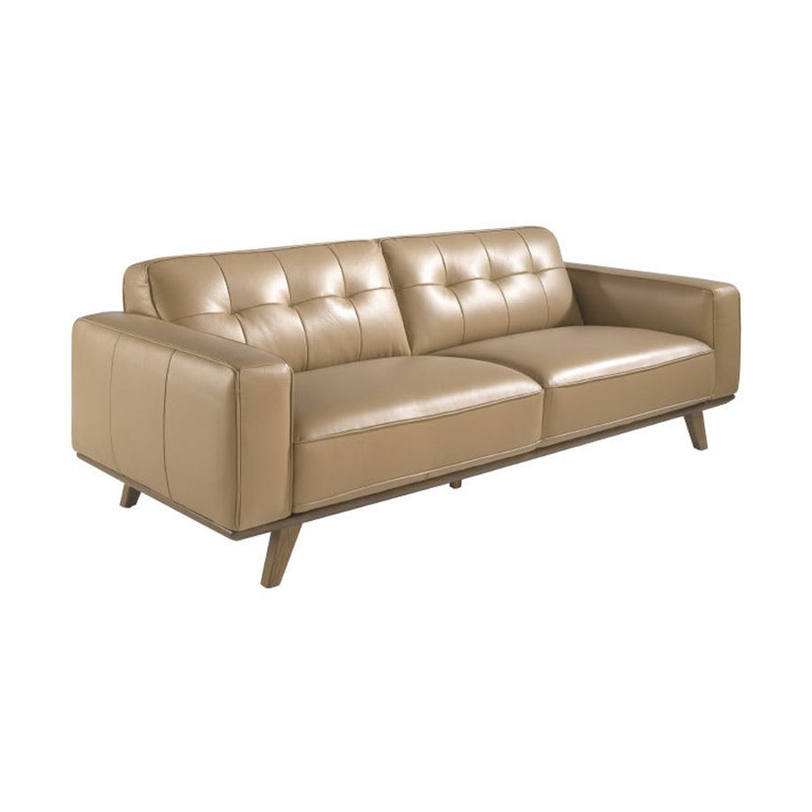 Kortárs, homokszínű bőrrel kárpitozott, fenyőfaszerkezetes, dizájn kanapé.