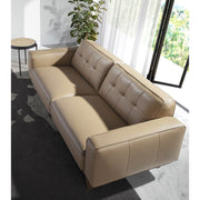 Kortárs, homokszínű bőrrel kárpitozott, fenyőfaszerkezetes, dizájn kanapé.