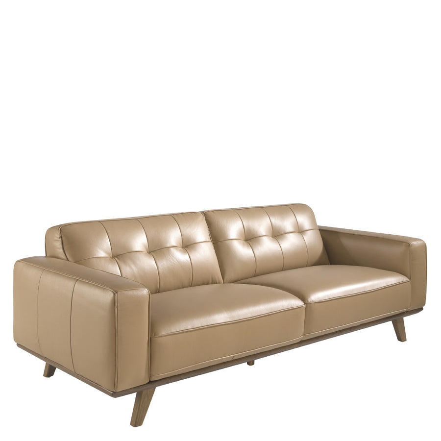 Kortárs, homokszínű bőrrel kárpitozott, fenyőfaszerkezetes, dizájn kanapé.