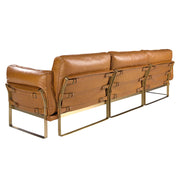 Loft stílusú, karamell színű  bőrrel kárpitozott sarokkanapé aranyszínű acél lábakkal