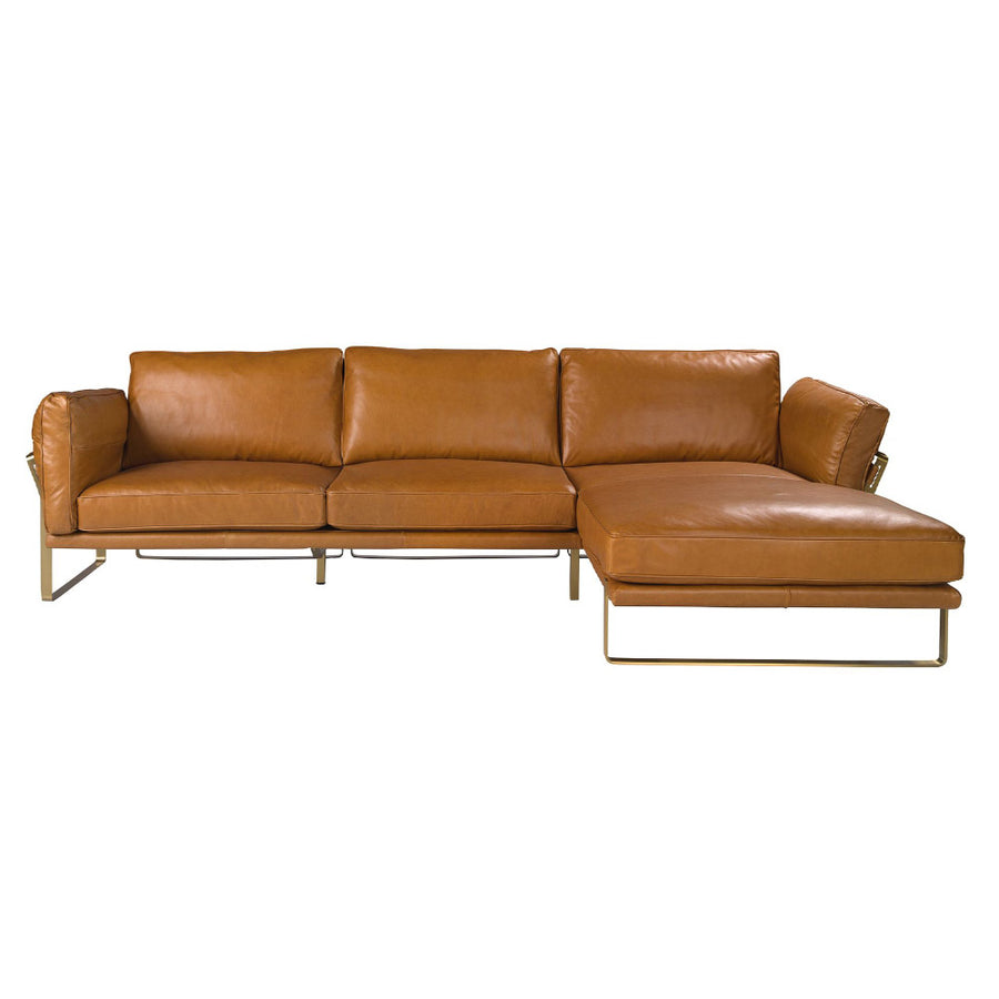 Loft stílusú, karamell színű  bőrrel kárpitozott sarokkanapé aranyszínű acél lábakkal