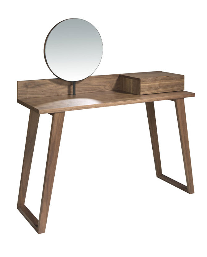 Kortárs stílusú, diófa furnérral borított fa fésülködőasztal, forgatható tükörrel. 