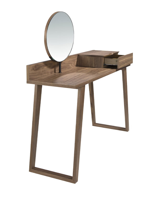 Kortárs stílusú, diófa furnérral borított fa fésülködőasztal, forgatható tükörrel.