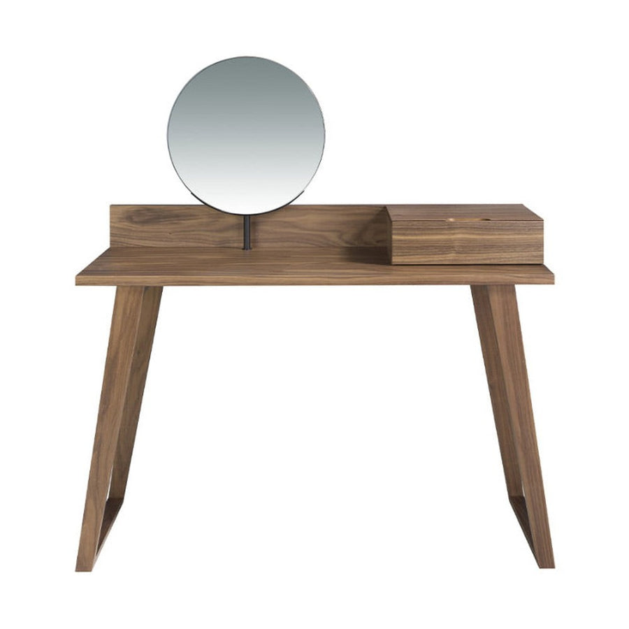Kortárs stílusú, diófa furnérral borított fa fésülködőasztal, forgatható tükörrel.