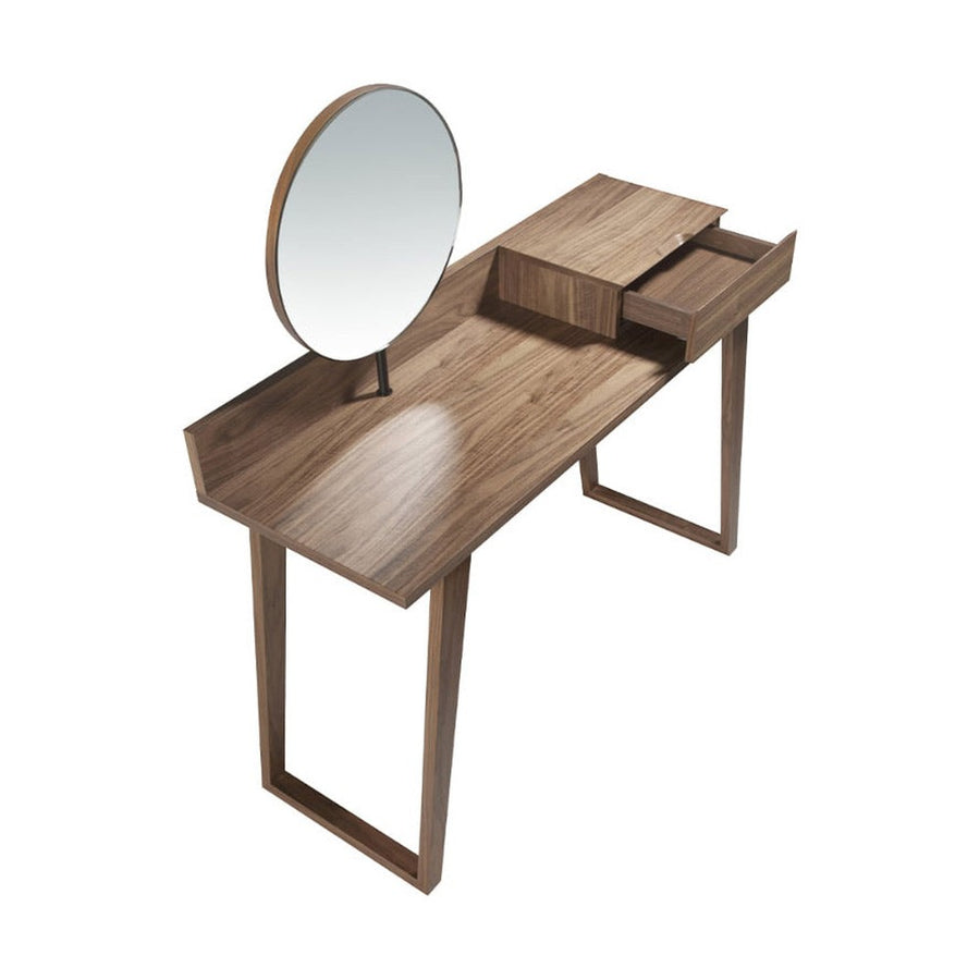 Kortárs stílusú, diófa furnérral borított fa fésülködőasztal, forgatható tükörrel.