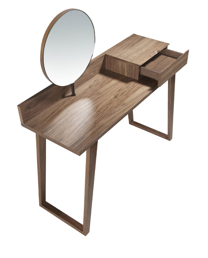 Kortárs stílusú, diófa furnérral borított fa fésülködőasztal, forgatható tükörrel.