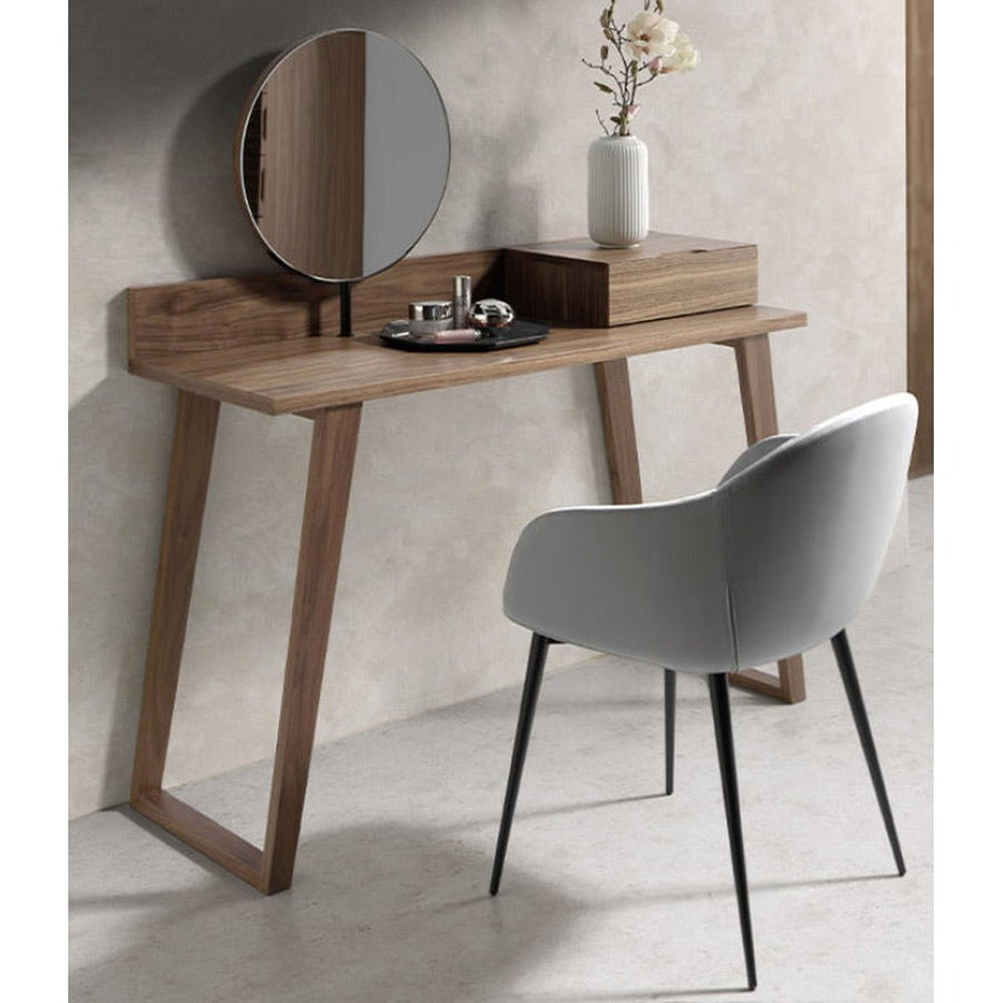 Kortárs stílusú, diófa furnérral borított fa fésülködőasztal, forgatható tükörrel.