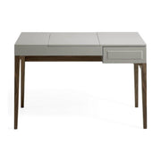 Kortárs stílusú, törtfehér színű fésülködőasztal, diófa lábakkal, tükörrel és ékszerdobozzal.