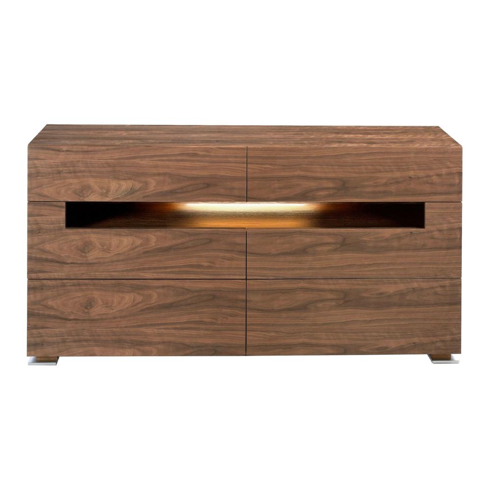 Kortárs diófa furnéros komód LED világítású nyitott polccal front nézetből