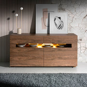 Kortárs stílusú, diófa furnérral borított, dizájn tálalókomód beépített, belső LED világítással.