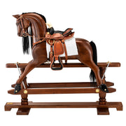 Mahagóni fából készült, lakkozott, kézműves, viktoriánius korabeli hintaló-replika, valódi bőr kantárral és nyereggel.