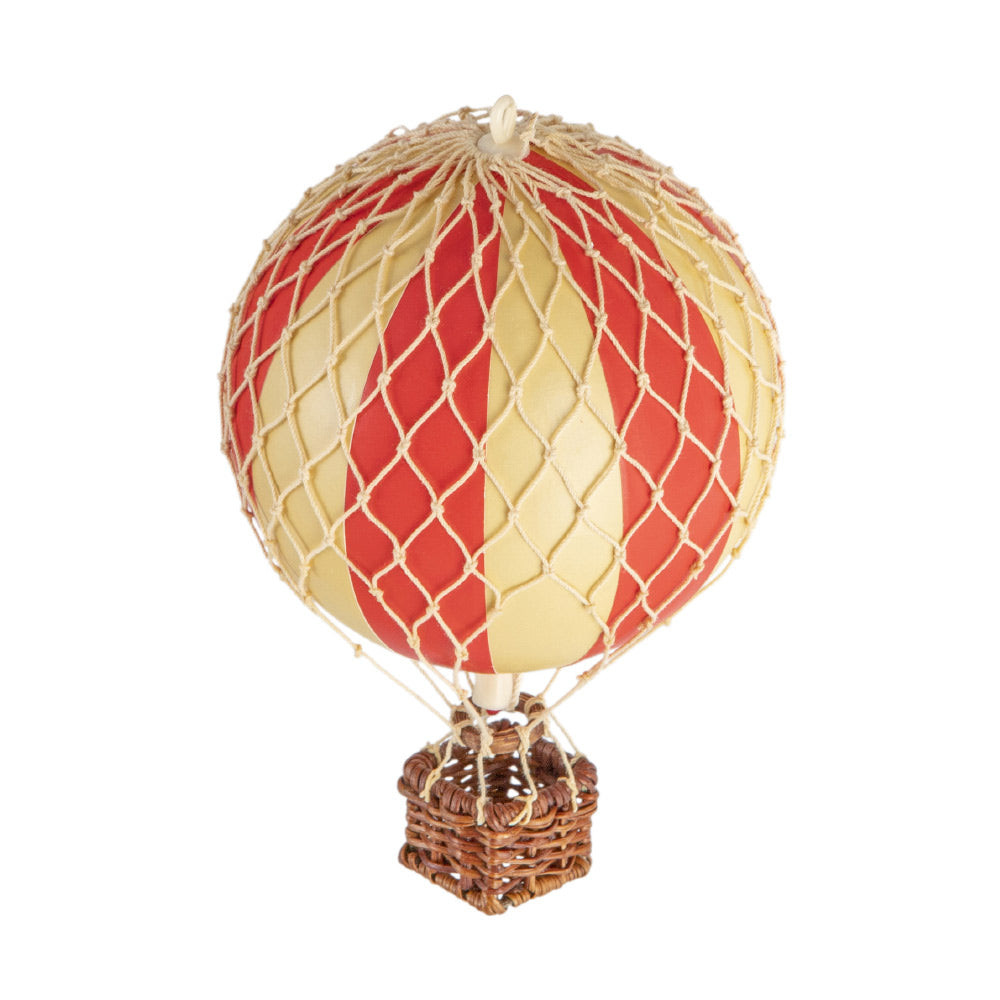 Vintage stílusú, kis méretű, függeszthető, piros-bézs színű dekorációs hőlégballon díszdobozban